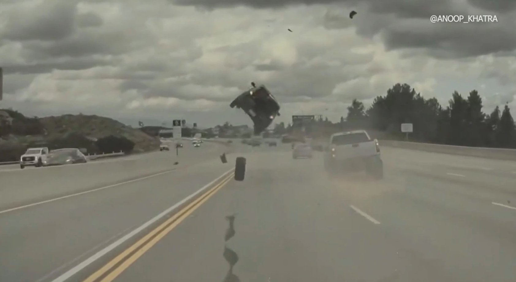 Runaway Tire Causes Violent Car Crash on the 118 Freeway